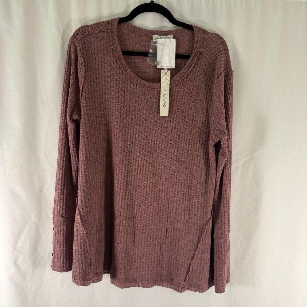 New She Sky Blouse Women's Medium Pink Waffled Long Sleeve Crew Neck Stretch